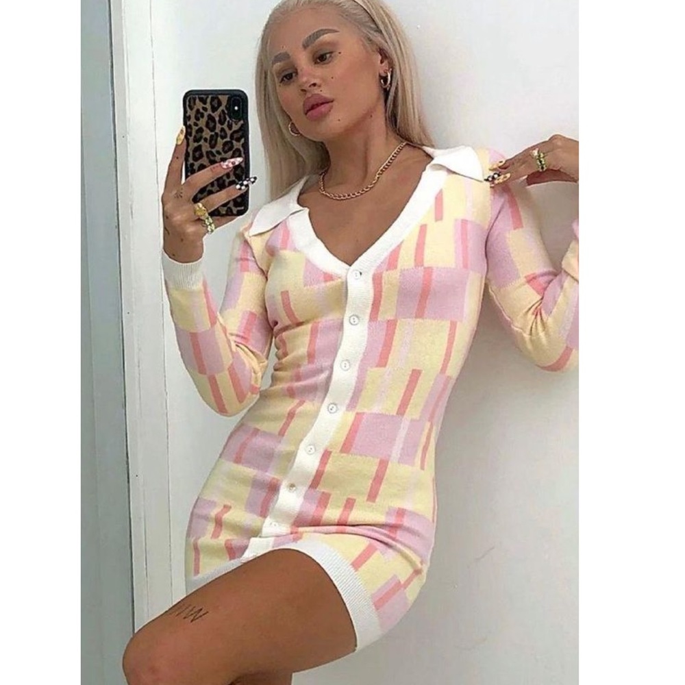Princess Polly Pastel Pink & Yellow Collared Knit Mini Dress